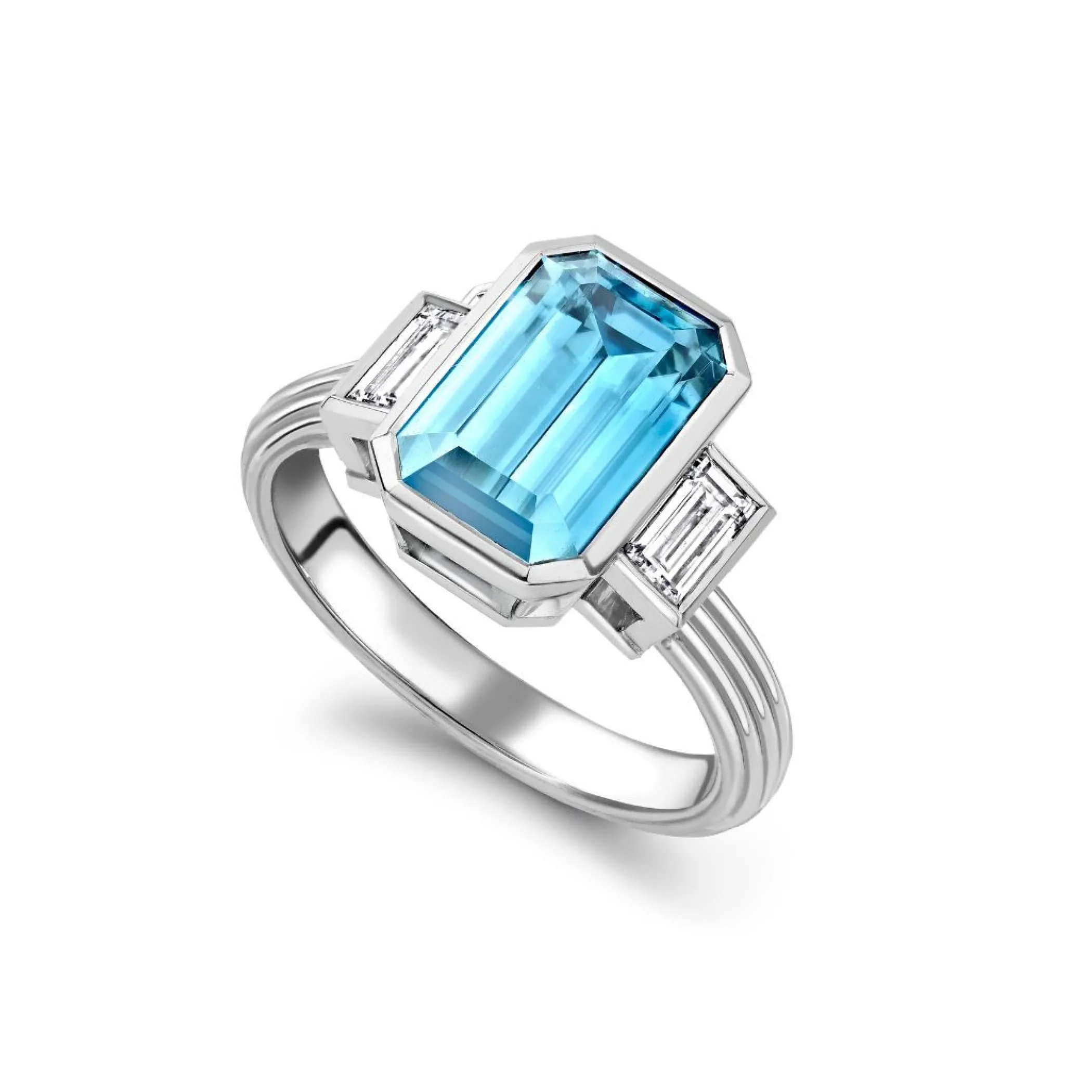 Theo Fennell Jewellery | One Off Pieces*Blue Zircon and Diamond Three Stone Rail Ring
