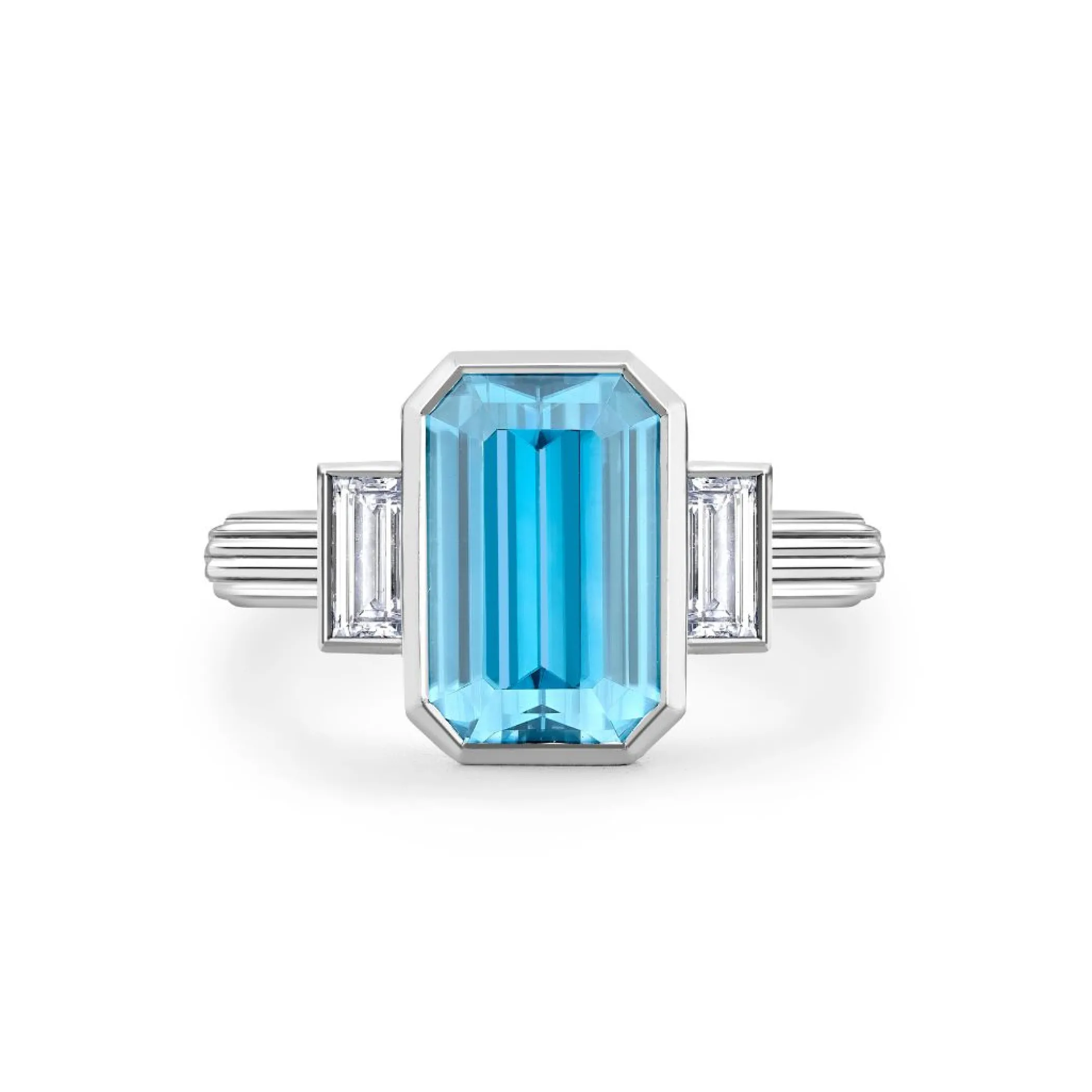 Theo Fennell Jewellery | One Off Pieces*Blue Zircon and Diamond Three Stone Rail Ring