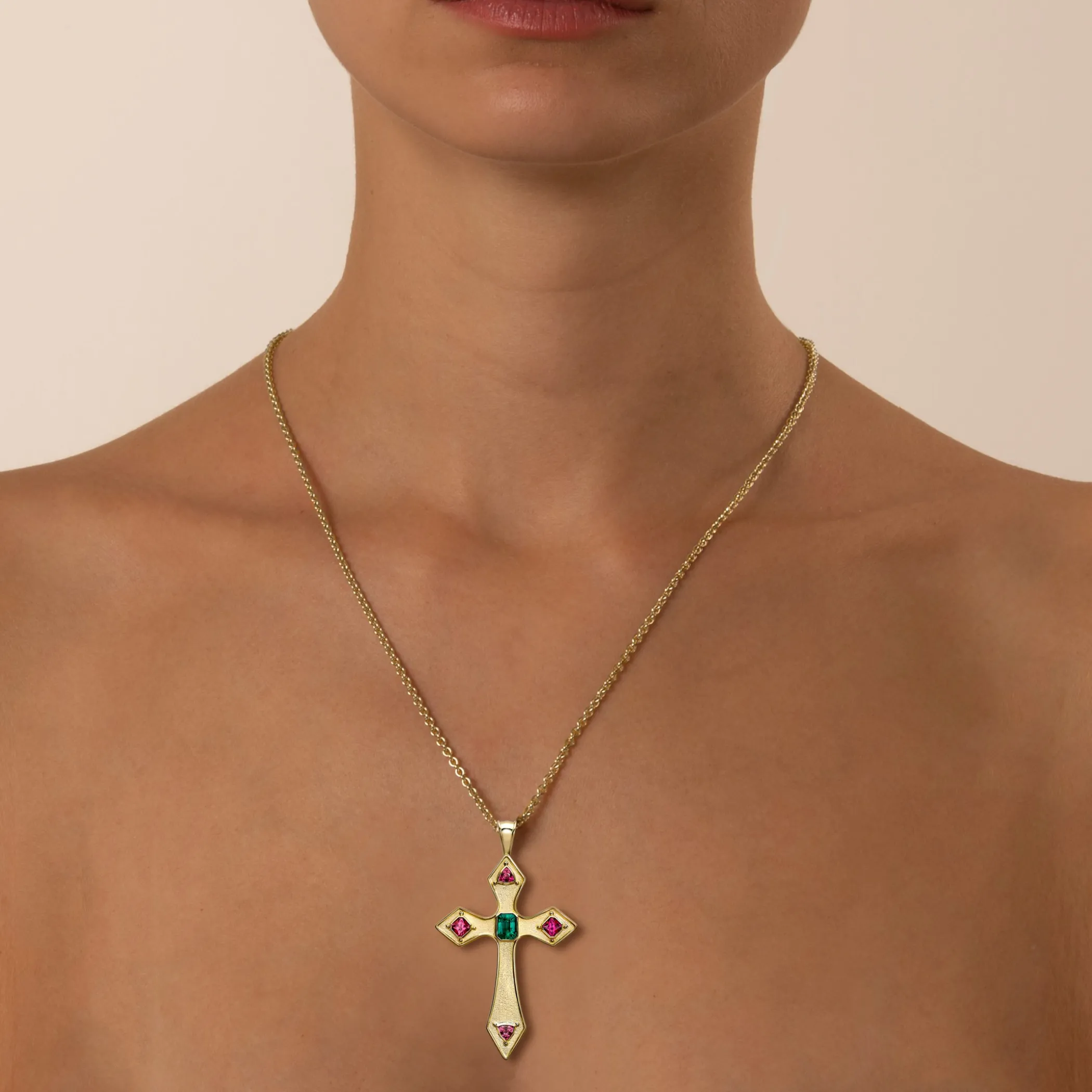 Theo Fennell Jewellery | One Off Pieces*Emerald & Pink Spinel Gothic Cross Pendant