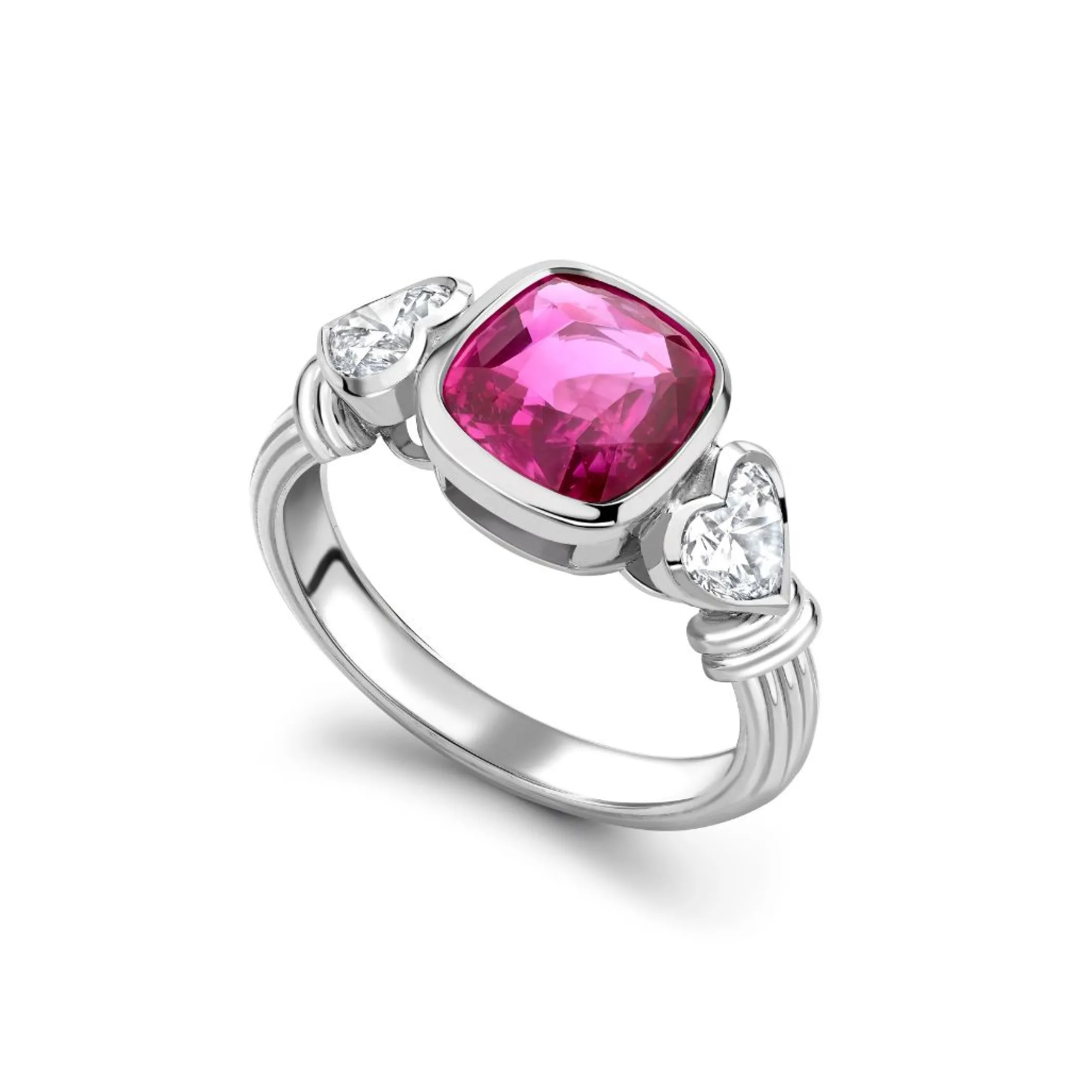 Theo Fennell Jewellery | Rings*Pink Sapphire and Diamond Heart Three Stone Rail Ring