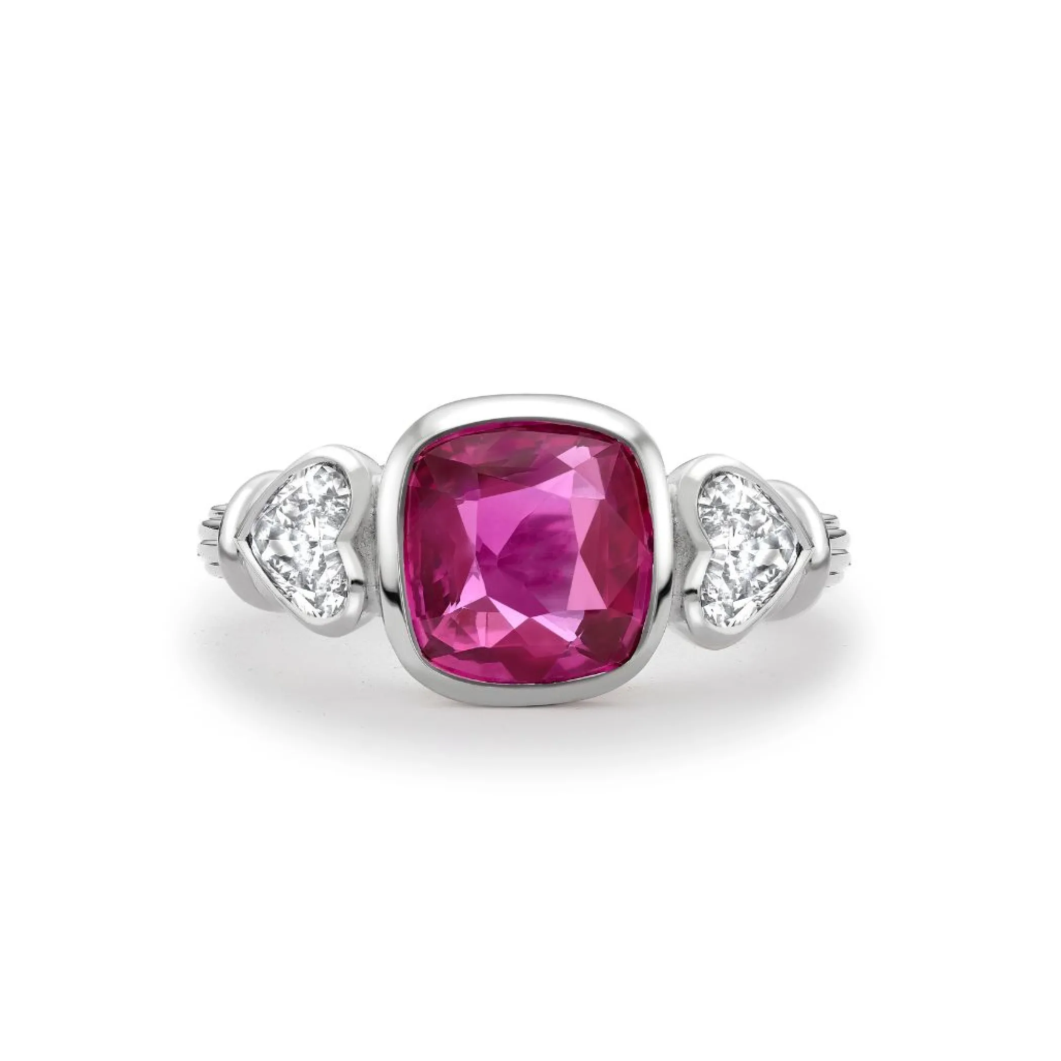 Theo Fennell Jewellery | Rings*Pink Sapphire and Diamond Heart Three Stone Rail Ring
