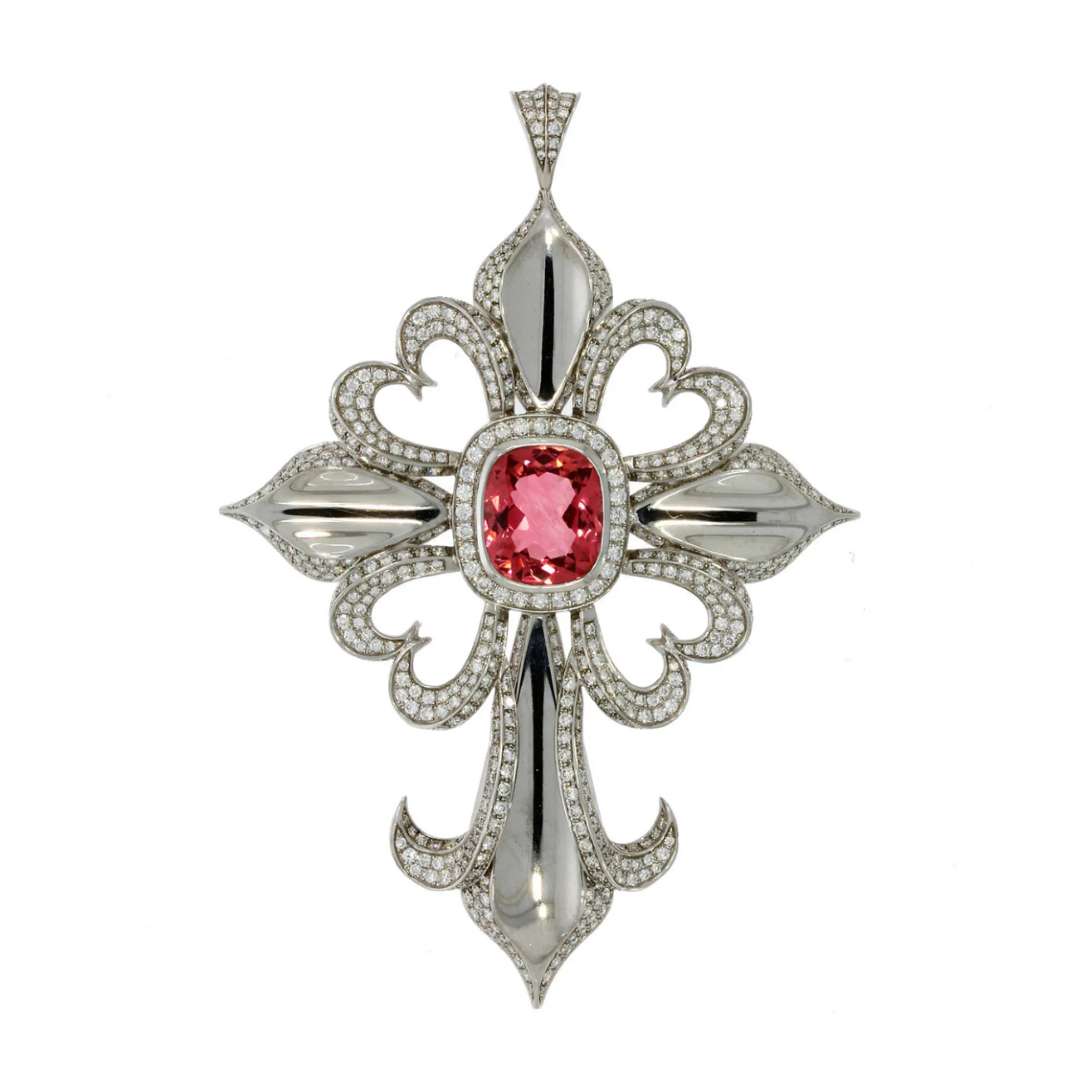 Theo Fennell Jewellery | One Off Pieces*Pink Tourmaline & Diamond Scallop Cross Pendant