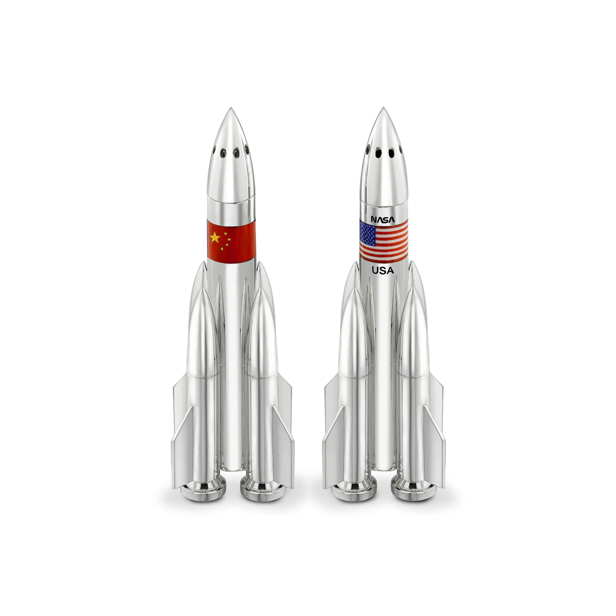 Theo Fennell Silverware*Silver Rocket Salt & Pepper with China & USA Enamel Flags
