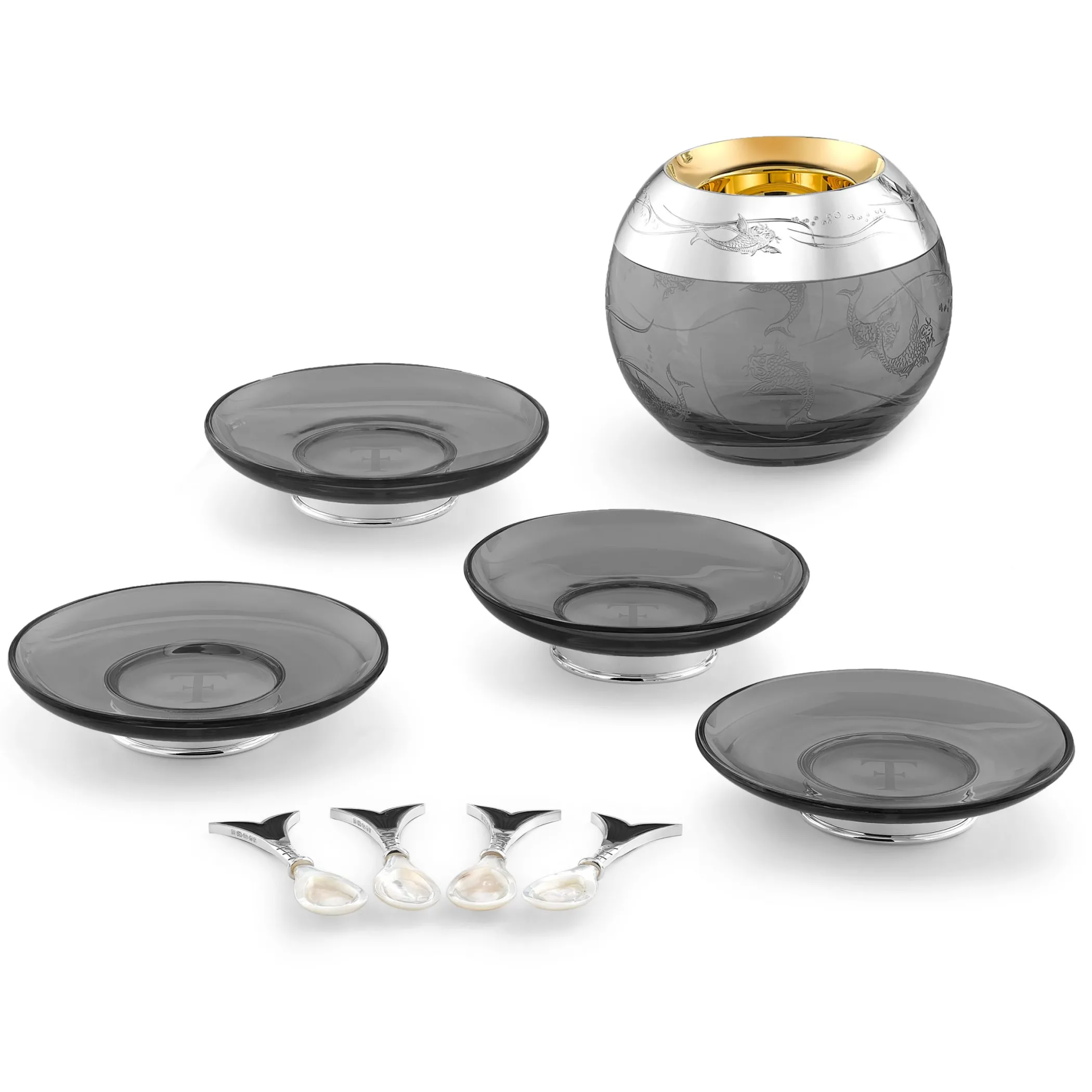 Theo Fennell Silverware*Smoke Crystal & Silver Caviar Set