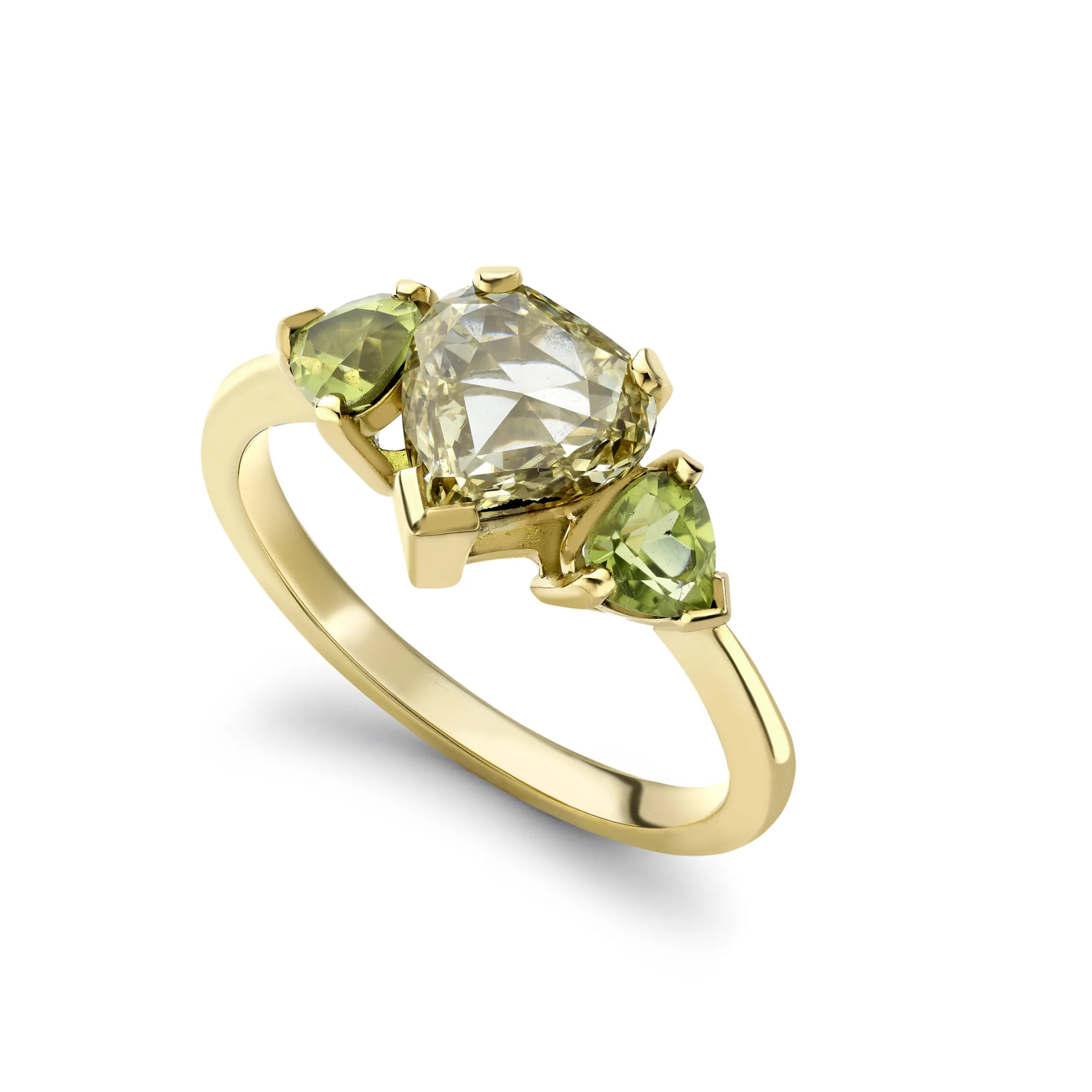 Theo Fennell Jewellery | One Off Pieces*Yellow Heart Shaped Diamond and Peridot Three Stone Ring
